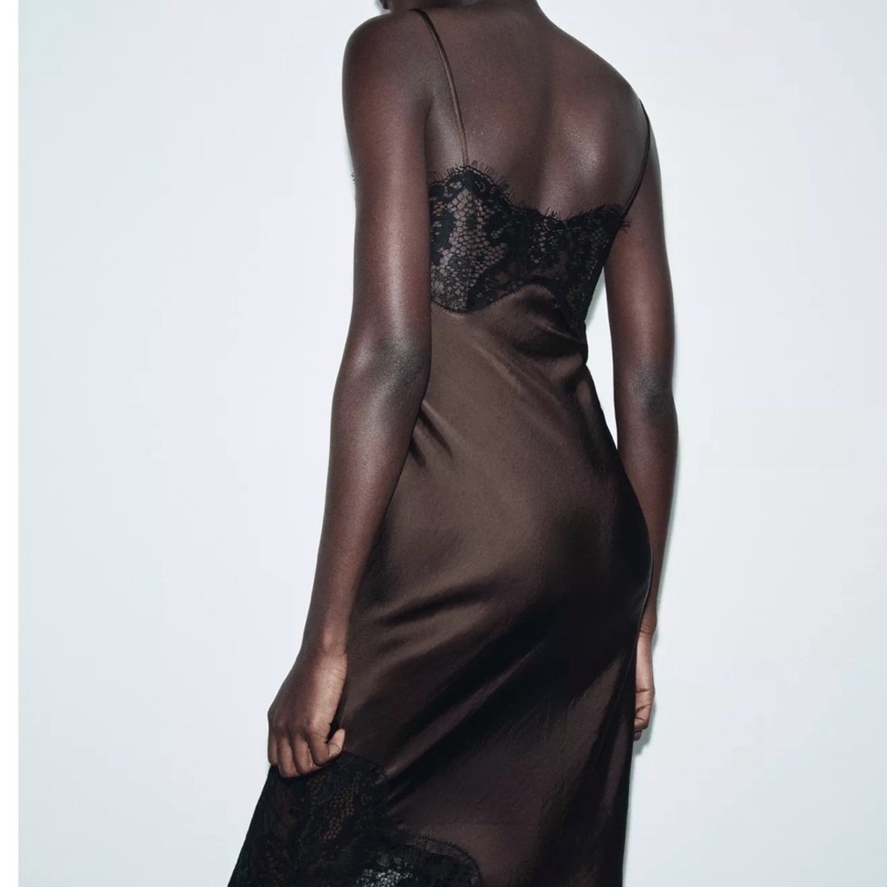 NWT Zara ASYMMETRIC SATIN LACE DRESS ZW COLLECTION Brown Black Medium - Picture 9 of 12
